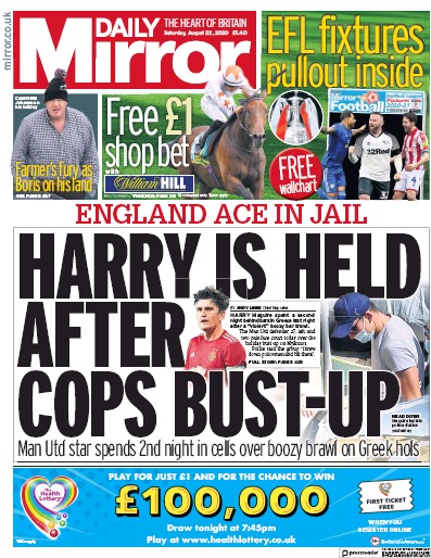 Daily Mirror (UK) Newspaper Front Page for 22 August 2020