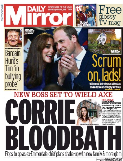 Daily Mirror Newspaper Front Page for 22 September 2015