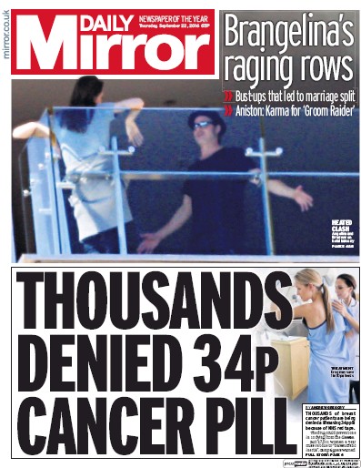 Daily Mirror Newspaper Front Page for 22 September 2016