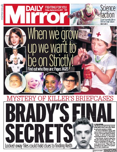 Daily Mirror Newspaper Front Page for 22 September 2017