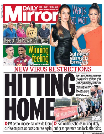 Daily Mirror Newspaper Front Page for 22 September 2020