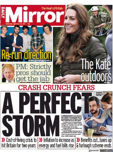 Daily Mirror (UK) Newspaper Front Page for 22 September 2021