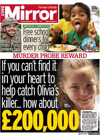 Daily Mirror (UK) Newspaper Front Page for 22 September 2022