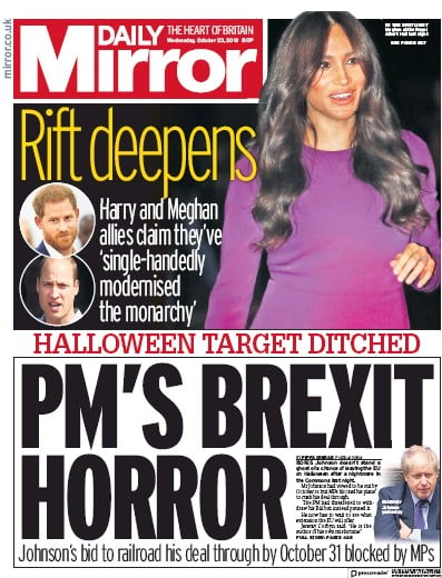 Daily Mirror Newspaper Front Page for 23 October 2019