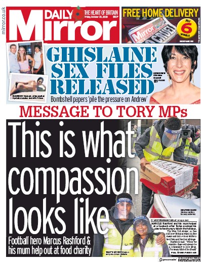Daily Mirror Newspaper Front Page for 23 October 2020