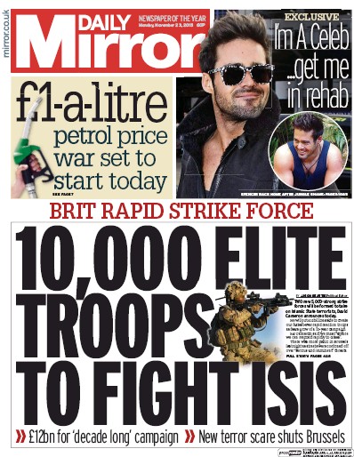 Daily Mirror (UK) Newspaper Front Page for 23 November 2015