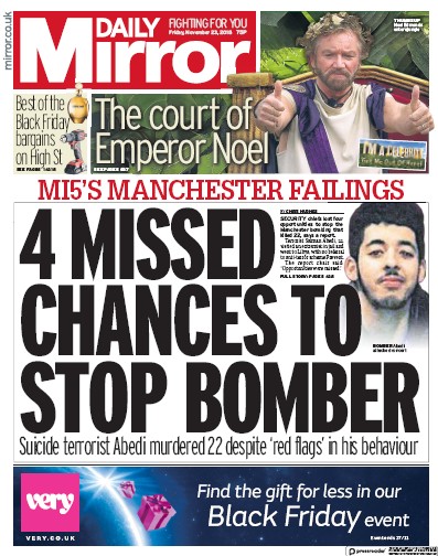 Daily Mirror Newspaper Front Page for 23 November 2018