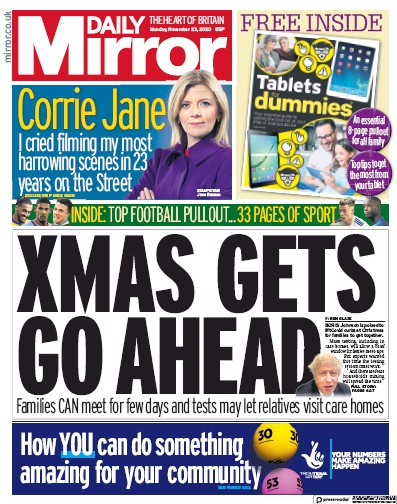 Daily Mirror Newspaper Front Page for 23 November 2020