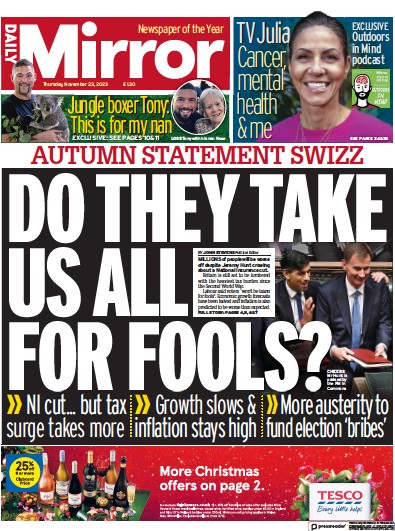 Daily Mirror (UK) Newspaper Front Page for 23 November 2023