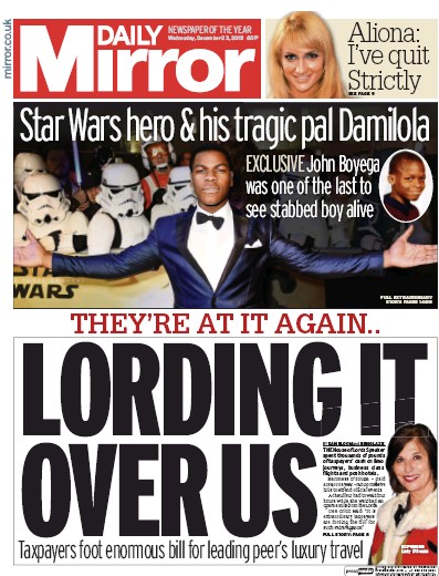 Daily Mirror Newspaper Front Page for 23 December 2015