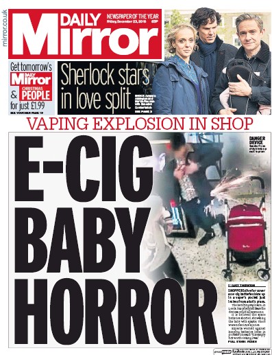 Daily Mirror Newspaper Front Page for 23 December 2016
