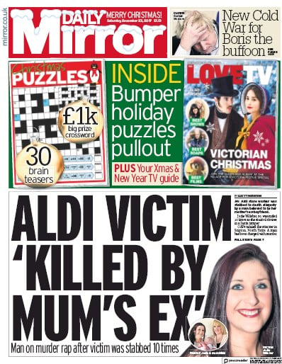 Daily Mirror Newspaper Front Page for 23 December 2017
