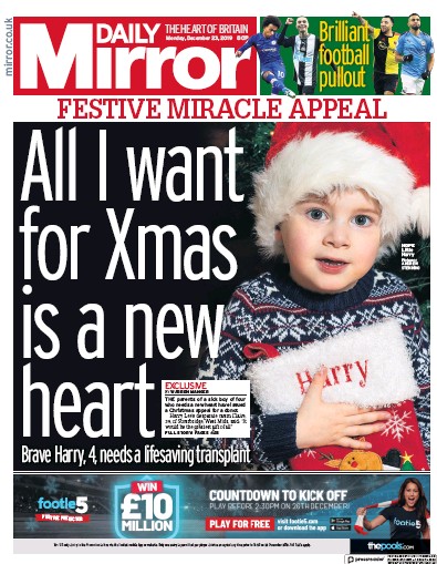 Daily Mirror Newspaper Front Page for 23 December 2019