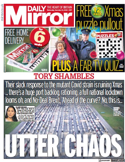 Daily Mirror Newspaper Front Page for 23 December 2020