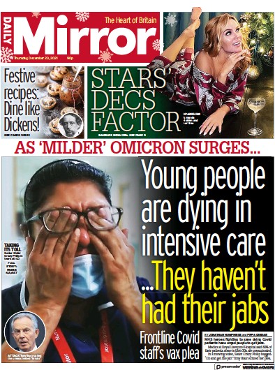 Daily Mirror (UK) Newspaper Front Page for 23 December 2021