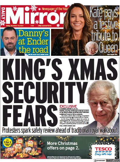 Daily Mirror Newspaper Front Page for 23 December 2022