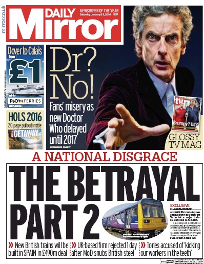 Daily Mirror Newspaper Front Page for 23 January 2016