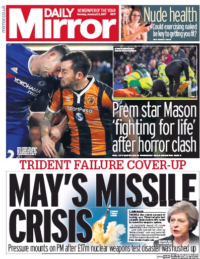 Daily Mirror Newspaper Front Page for 23 January 2017