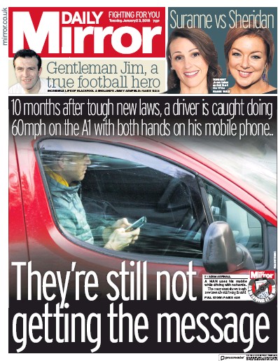 Daily Mirror Newspaper Front Page for 23 January 2018