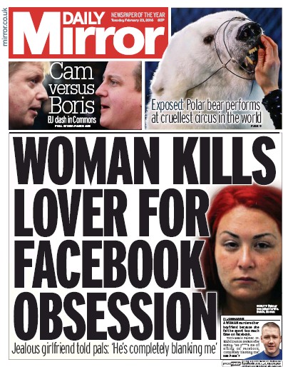 Daily Mirror (UK) Newspaper Front Page for 23 February 2016