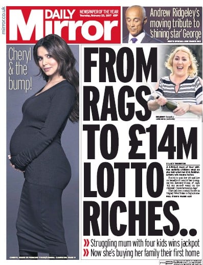 Daily Mirror Newspaper Front Page for 23 February 2017
