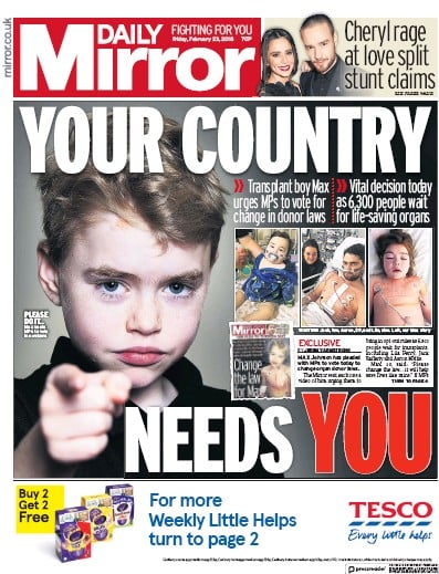 Daily Mirror (UK) Newspaper Front Page for 23 February 2018