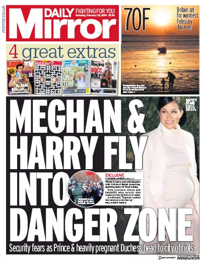 Daily Mirror Newspaper Front Page for 23 February 2019
