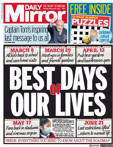Daily Mirror (UK) Newspaper Front Page for 23 February 2021