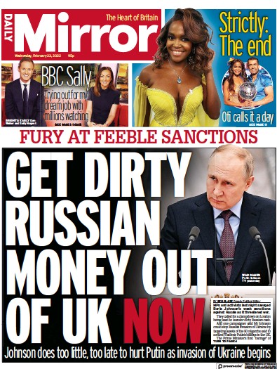Daily Mirror Newspaper Front Page for 23 February 2022