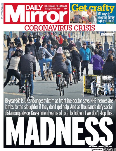 Daily Mirror Newspaper Front Page for 23 March 2020