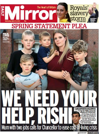 Daily Mirror Newspaper Front Page for 23 March 2022
