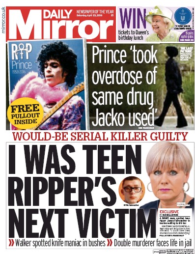 Daily Mirror Newspaper Front Page for 23 April 2016