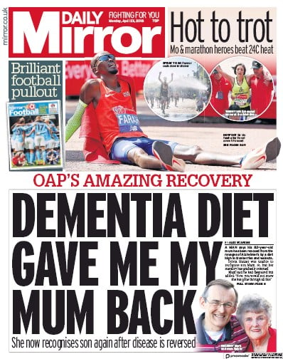 Daily Mirror Newspaper Front Page for 23 April 2018