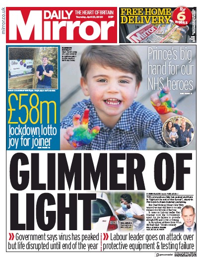 Daily Mirror Newspaper Front Page for 23 April 2020