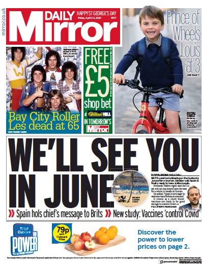 Daily Mirror (UK) Newspaper Front Page for 23 April 2021