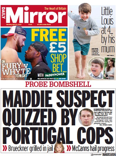 Daily Mirror Newspaper Front Page for 23 April 2022