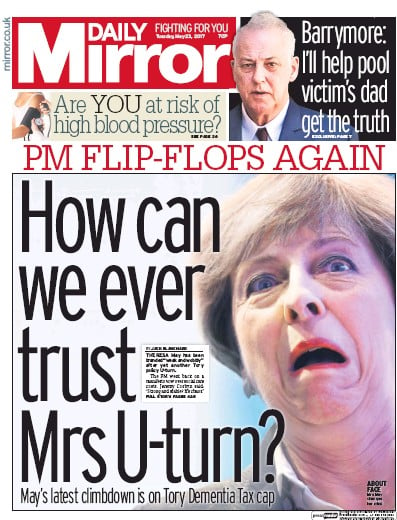 Daily Mirror (UK) Newspaper Front Page for 23 May 2017
