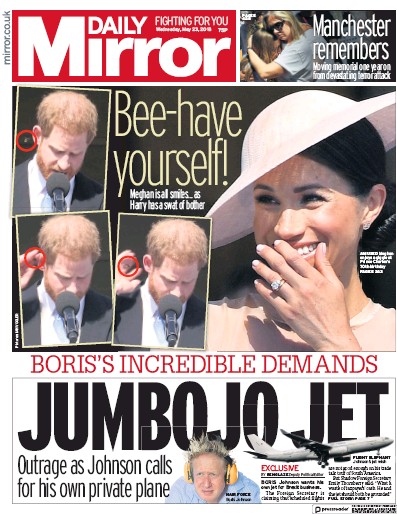 Daily Mirror Newspaper Front Page for 23 May 2018