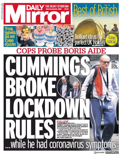 Daily Mirror (UK) Newspaper Front Page for 23 May 2020