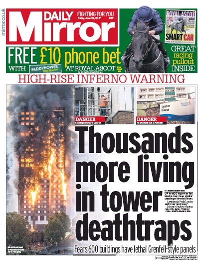 Daily Mirror Newspaper Front Page for 23 June 2017