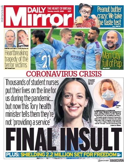 Daily Mirror Newspaper Front Page for 23 June 2020