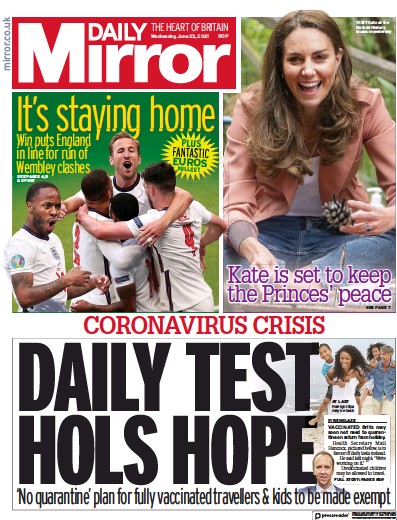 Daily Mirror (UK) Newspaper Front Page for 23 June 2021