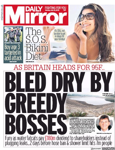 Daily Mirror (UK) Newspaper Front Page for 23 July 2018