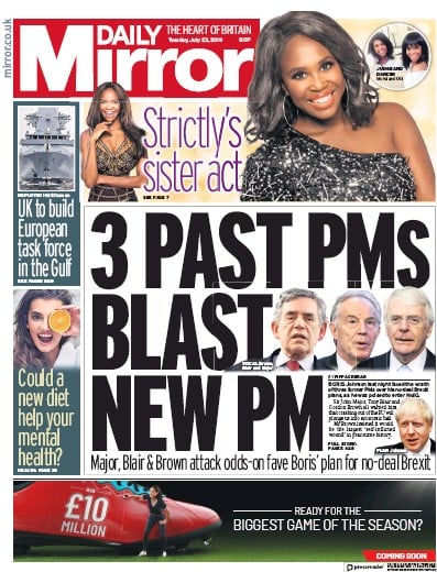 Daily Mirror Newspaper Front Page for 23 July 2019