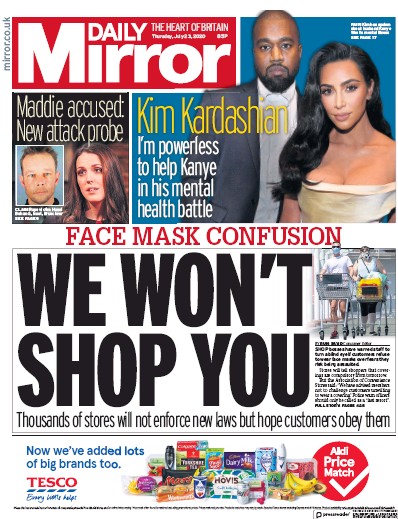 Daily Mirror Newspaper Front Page for 23 July 2020