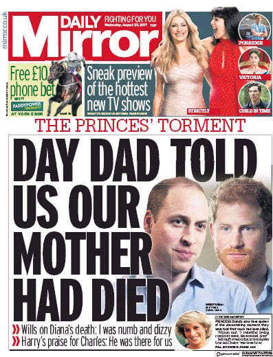 Daily Mirror Newspaper Front Page for 23 August 2017
