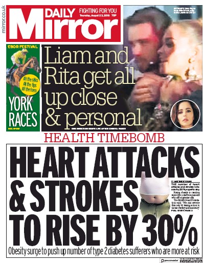 Daily Mirror Newspaper Front Page for 23 August 2018