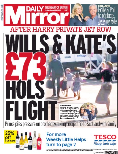 Daily Mirror (UK) Newspaper Front Page for 23 August 2019