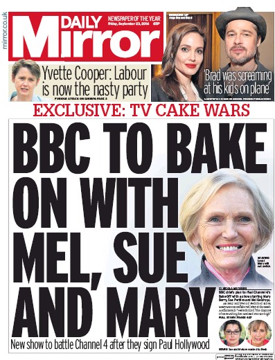 Daily Mirror Newspaper Front Page for 23 September 2016
