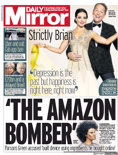 Daily Mirror Newspaper Front Page for 23 September 2017